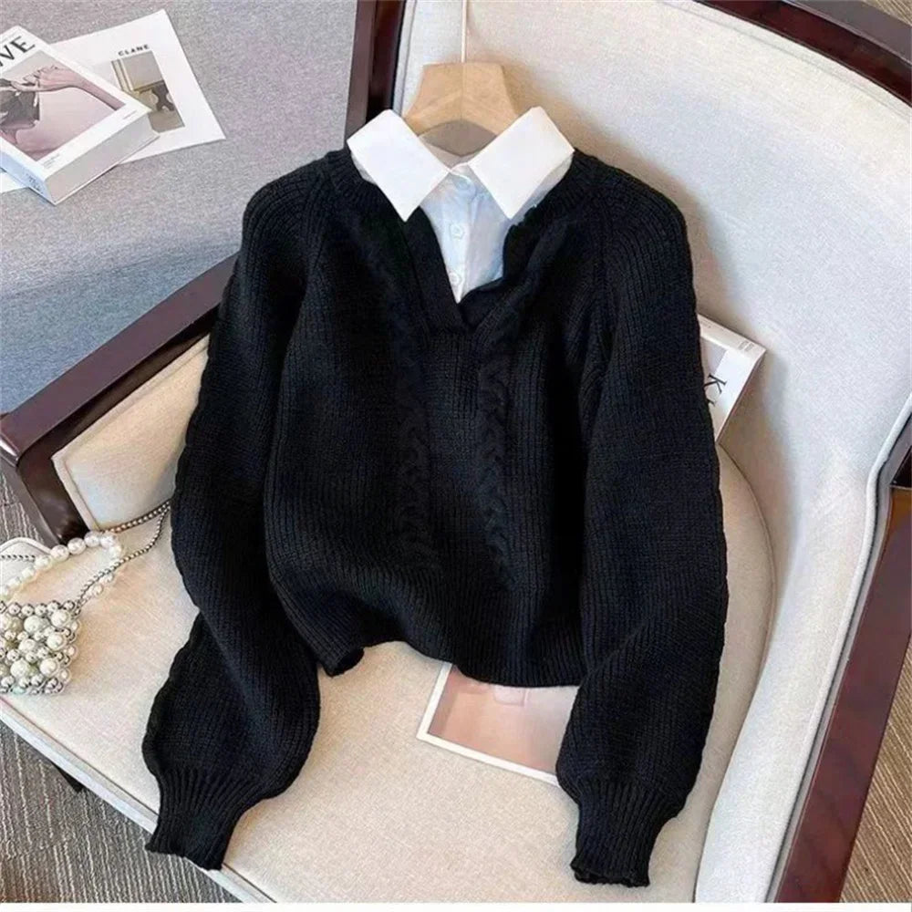 Turn-Down Collar Layered Knit Sweater Long Sleeve Slim Fit
