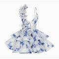 3D Flower Print Lace-Up Backless Mini Dress