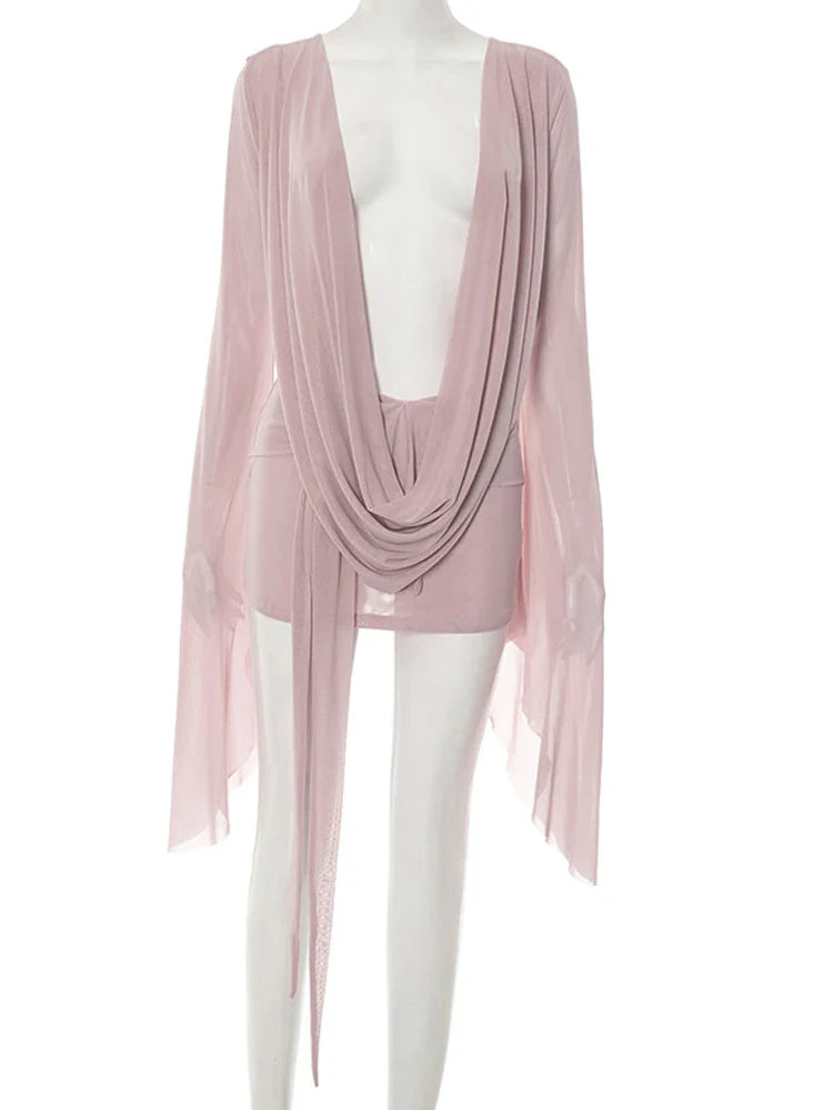 Flare Sleeve V-Neck Sheer Mesh Mini Dress | Women's Ruched Beach Cover-Up