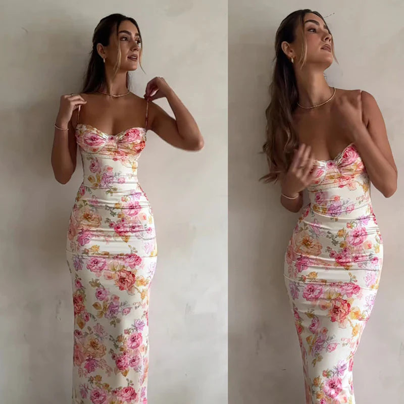 Women's Floral Spaghetti Strap Dress - Sleeveless Slim Fit Maxi