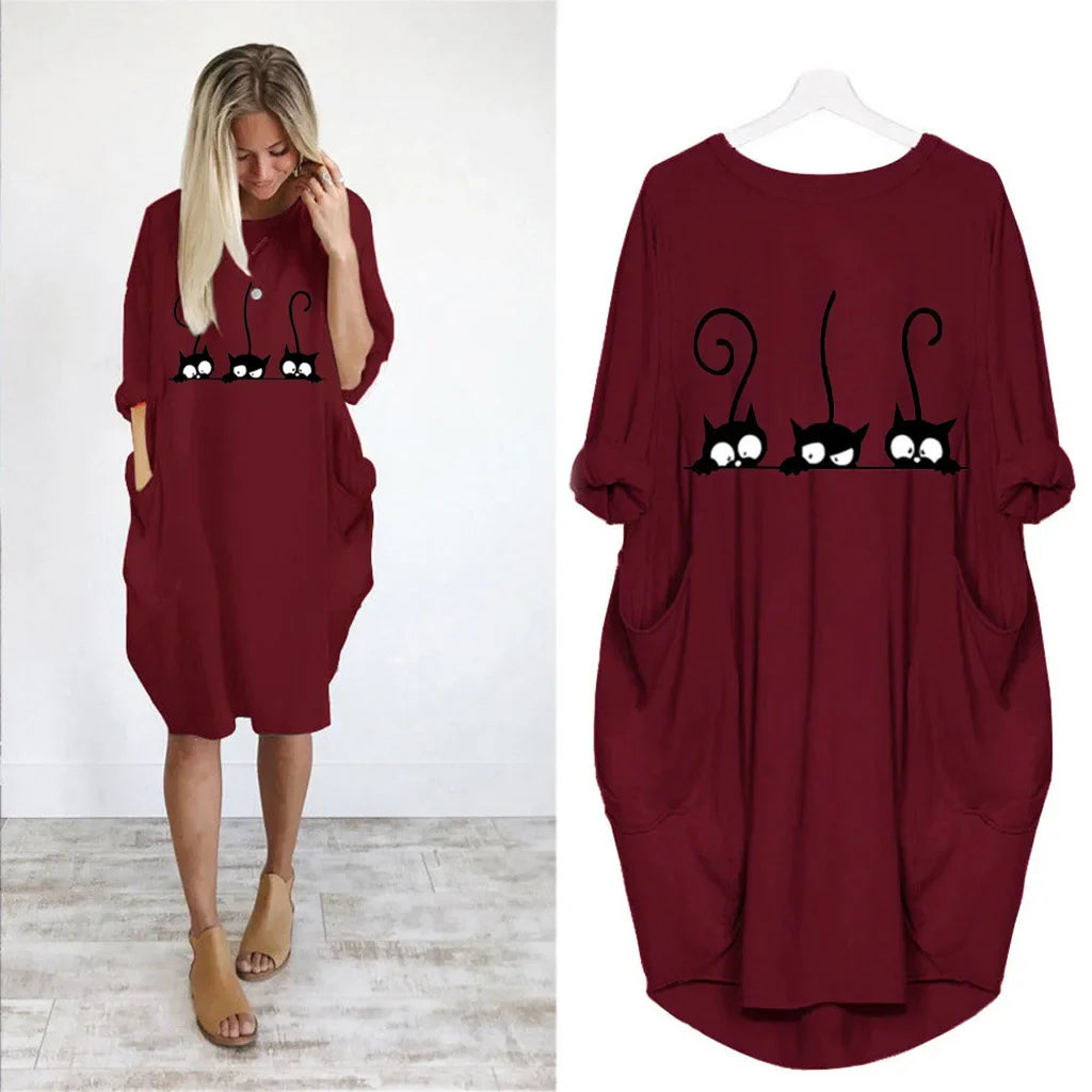 Plus Size Loose Pullover Dress Women Long Sleeve Round Neck Casual Pocket