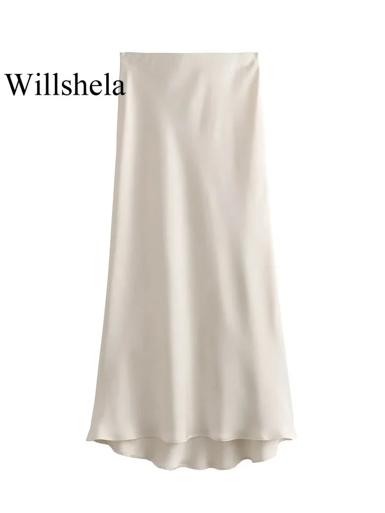 Willshela 2024 Black Satin Skirt Woman High Waist Elegant Long Skirts For Women Fashion Summer Midi Skirt Office Women's Skirts