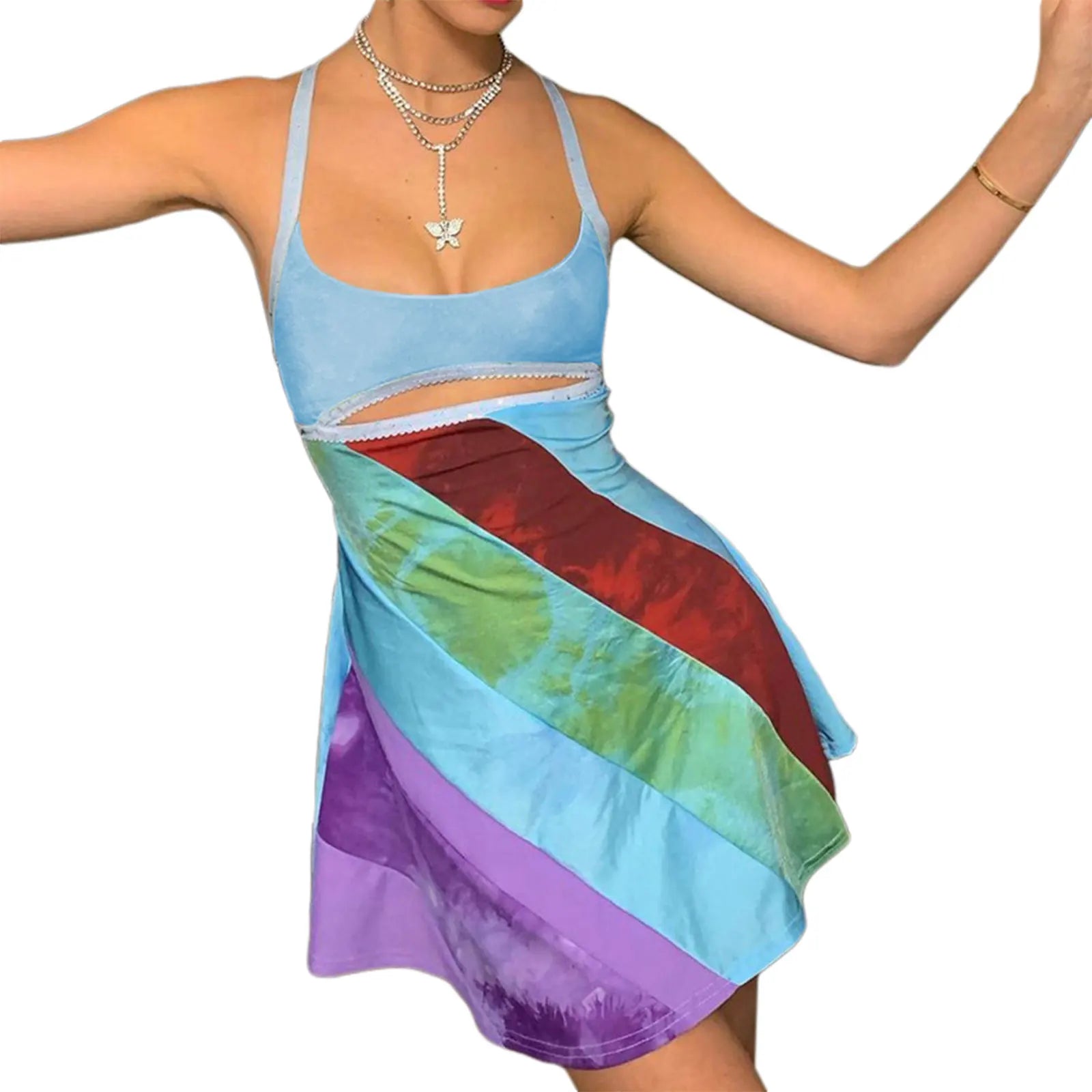 Women’s Casual Sweet Suspender A-line Dress Fashion Contrast Color U-neck Hollow Short Dress