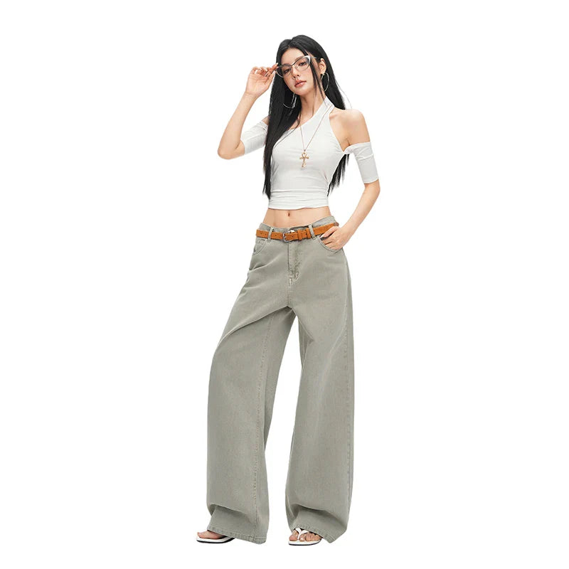 Y2K Vintage Wide Leg Jeans Women High Waist Zipper Pockets Streetwear Denim