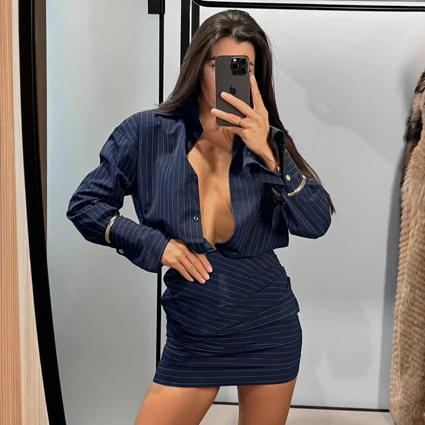 Elegant Striped Shirt Dress Women High Waist Long Sleeve Office Single Breasted