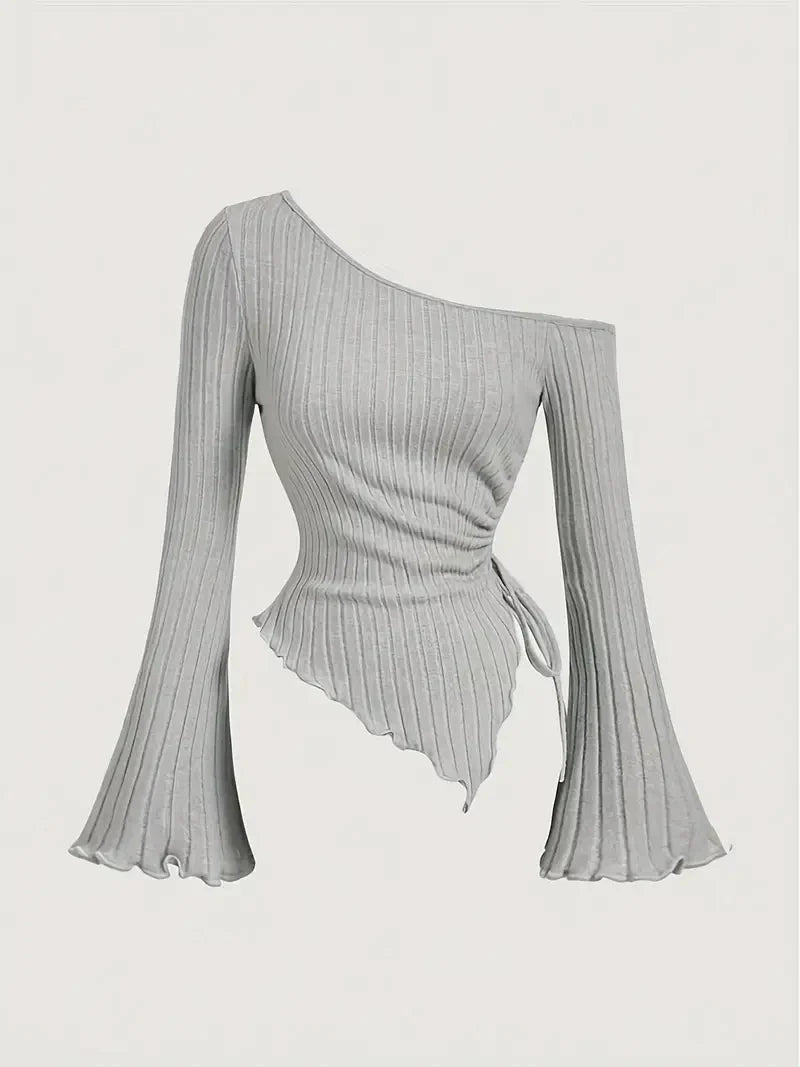 Off-Shoulder Trumpet Sleeve Top | Women's Slim Fit Asymmetric Elegant Tee