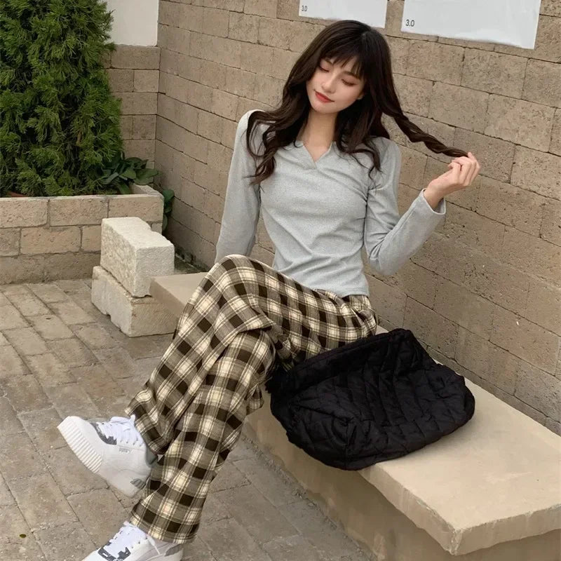 Plaid Wide Leg Plush Pants Warm Cashmere Loose Mid Waist Casual