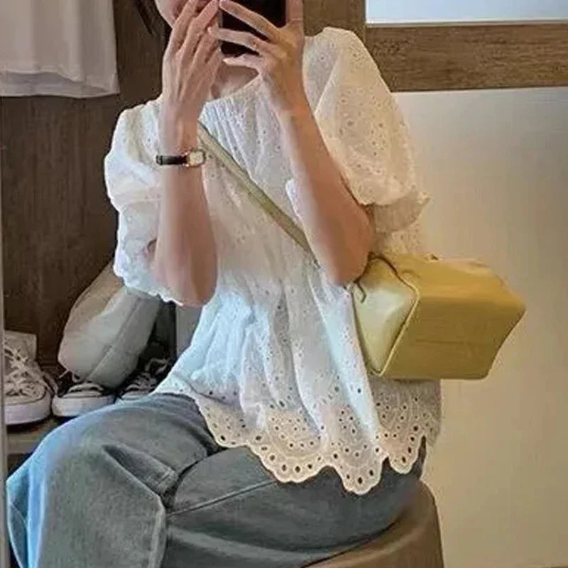 French Style Embroidered Lace Blouse Women White Short Puff Sleeve Round Collar