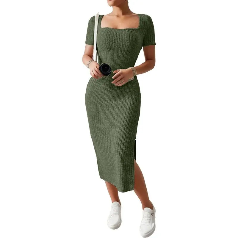 Square Neck Knitted Slit Dress Mid-Calf Sleeveless Hip-Hugging