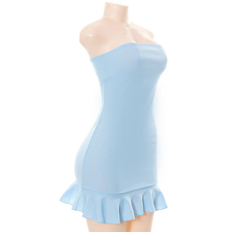 Women Soft Tender Slight Blue Strapless Wrap Hipster Mini Pleated Dress Pullover Sexy Charm Outfits Girls Dating Wear