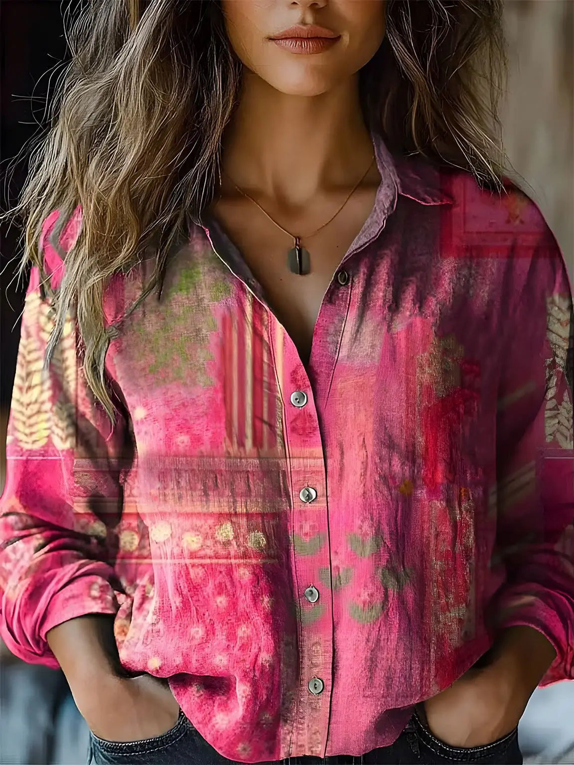 Women's Vintage Print Cotton Linen Shirt - Long Sleeve Casual Blouse