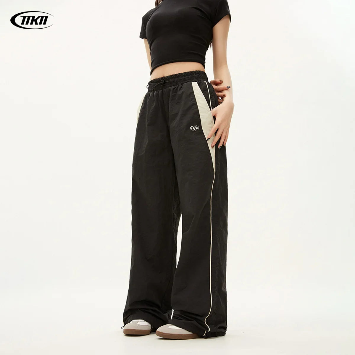 High Waist Wide Leg Patchwork Pants Loose Fit Elastic Waist Pockets