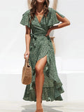 Floral Print V-Neck Ruffle Flare Sleeve Chiffon Maxi Dress
