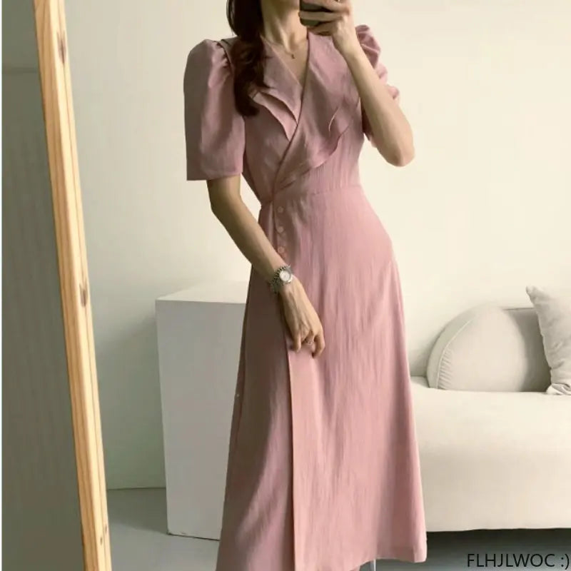Women Retro Vintage Ruffles Midi Dress Japan Style Lace-Up V-Neck Short Sleeve Dress