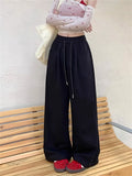 High Waist Straight Wide Leg Pants Loose Fit Pockets Elastic Waist