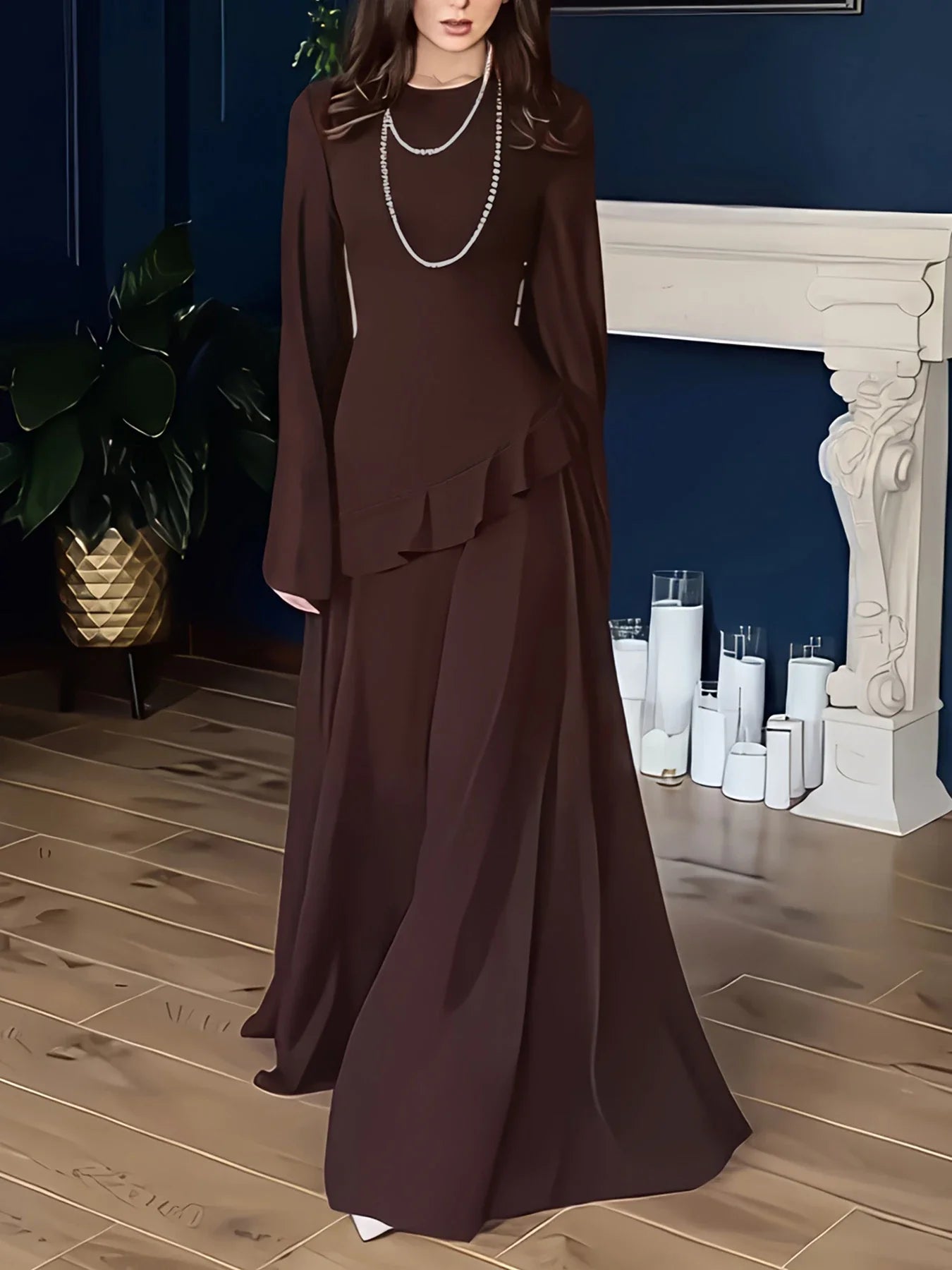 Ethnic Style Elegant Robe Dress Coffee Flared Long Sleeve Round Neck