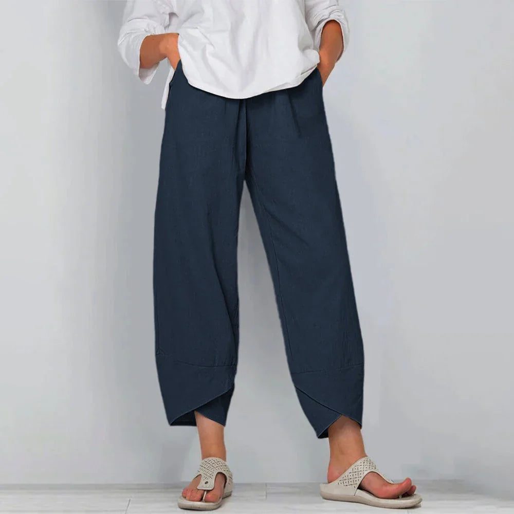 High Waist Harem Pants Cotton Linen Patchwork Pockets Loose Fit