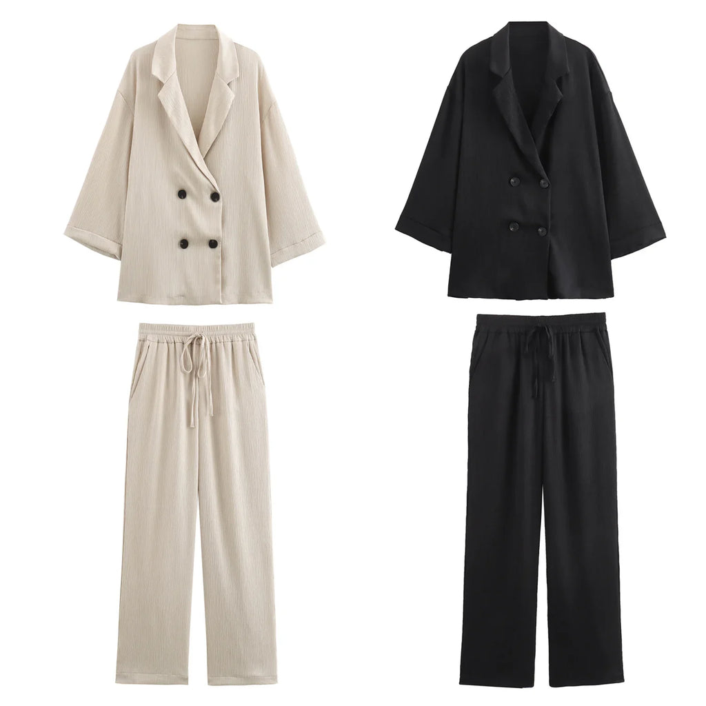 Turn-Down Collar Double-Breasted Blazer & Pants Set