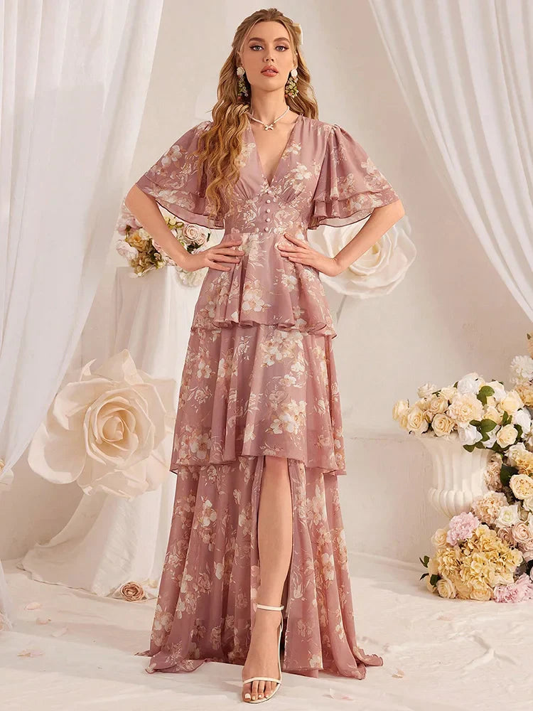 TOLEEN Casual Deep V-Neck Slim Floral Printed Tiered Ruffle Hem Long Dresses Fashion Elegant Women's Clothing