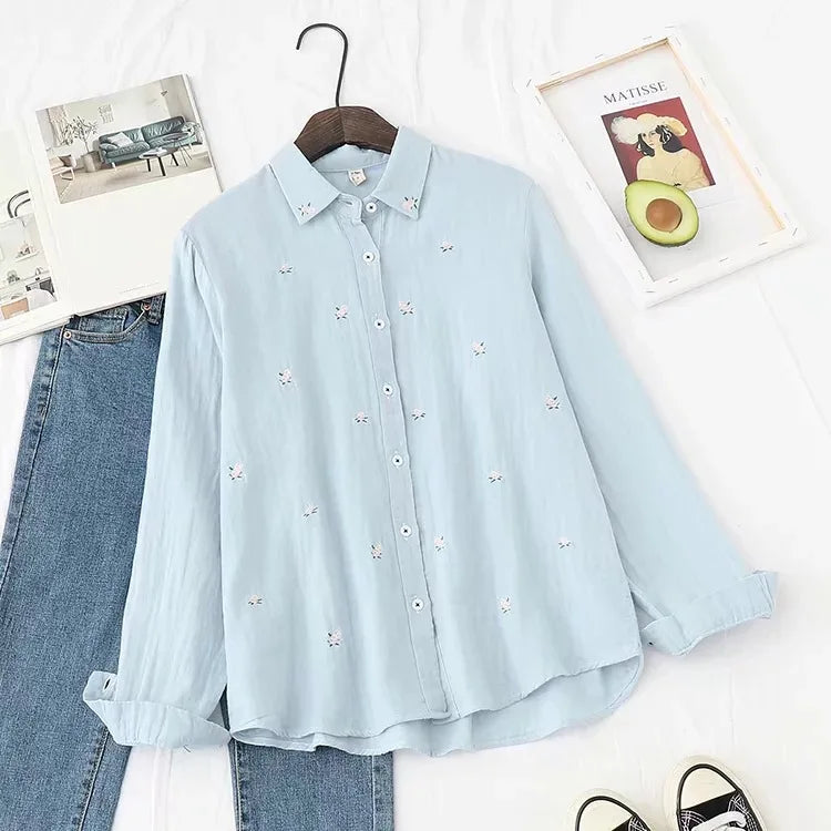 Women's Embroidered Cotton Shirt - Long Sleeve Floral Blouse