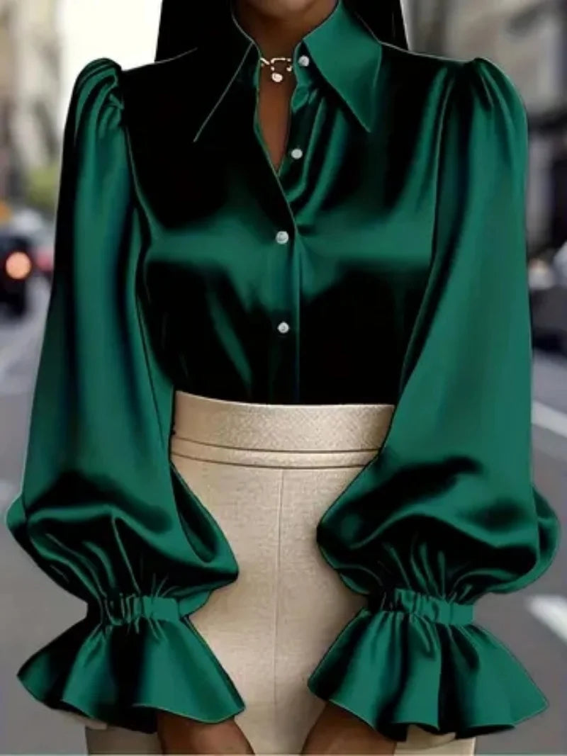 Women's Satin Blouse with Ruffled Sleeves - Office Casual Top