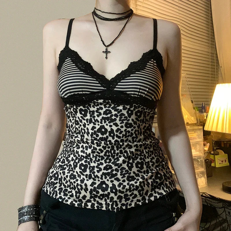 Leopard Print Slim Sexy Camisole Y2K Vintage Lace Patchwork V Neck Spaghetti Strap Tank Top