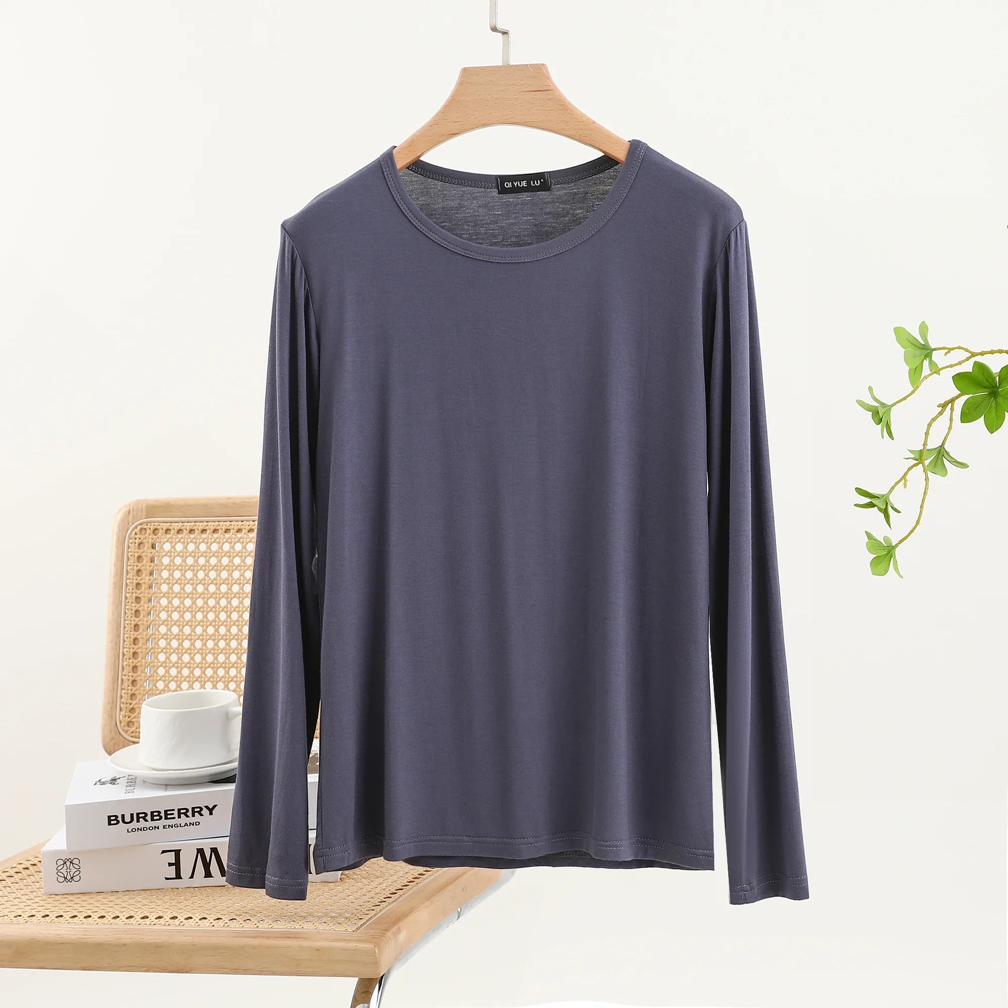 Casual Modal Long Sleeve T-Shirt Women's Spring Thin Round Neck Base Shirt Loose Fit Plus Size Slim Pure Color Top
