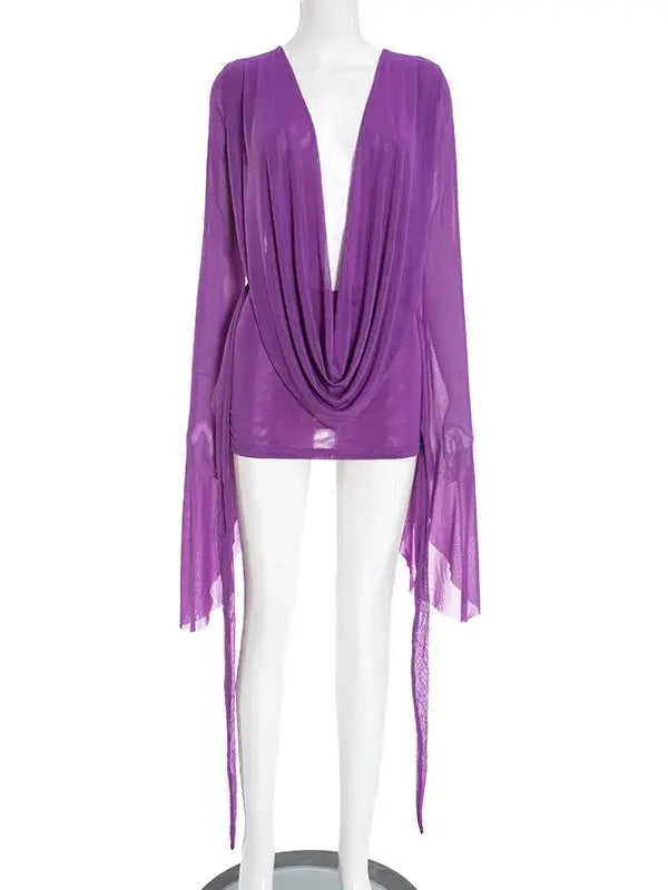 Flare Sleeve V-Neck Sheer Mesh Mini Dress | Women's Ruched Beach Cover-Up
