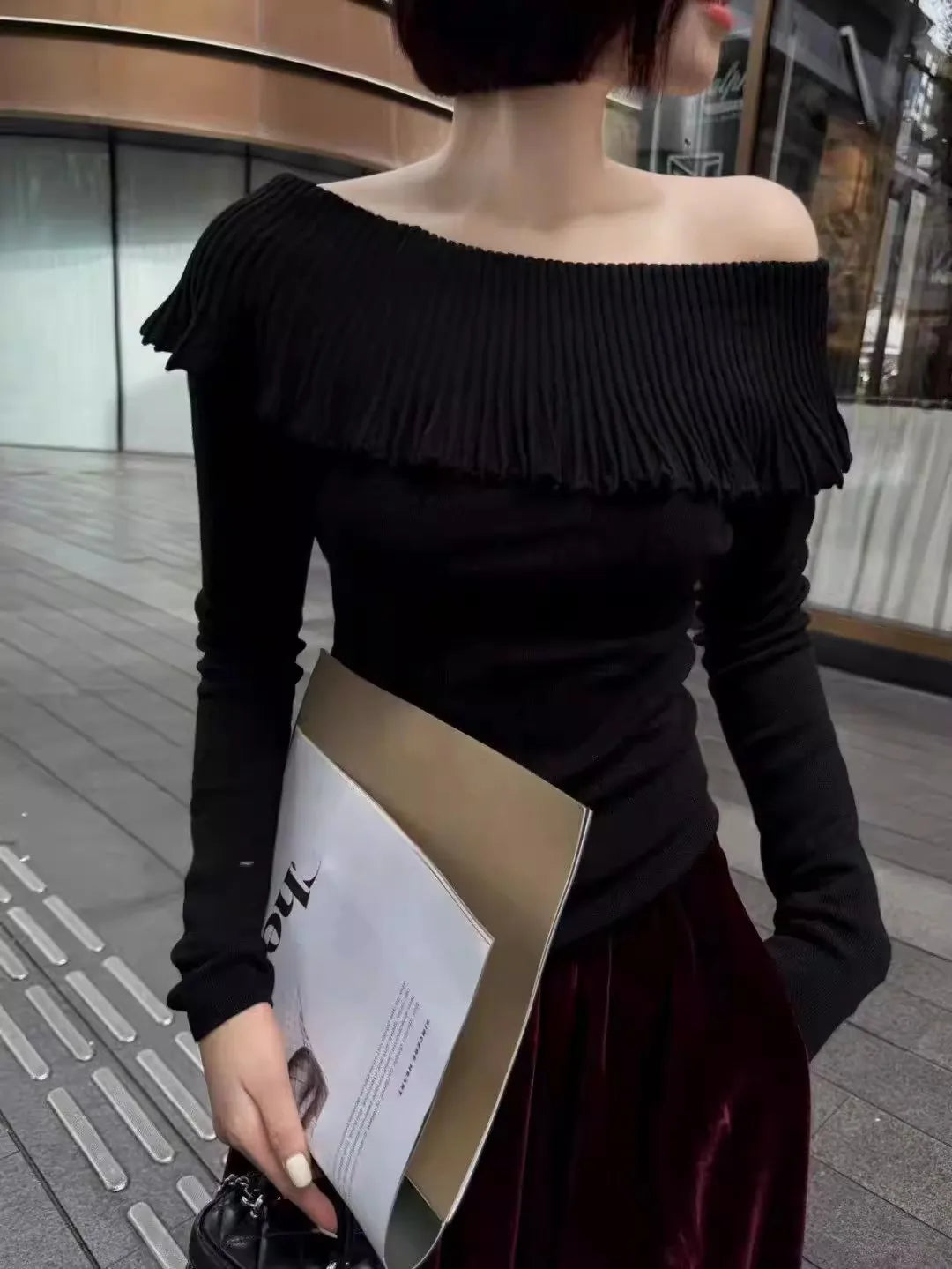Slash Neck Ruffle Sweater Long Sleeve Regular Fit Pullover
