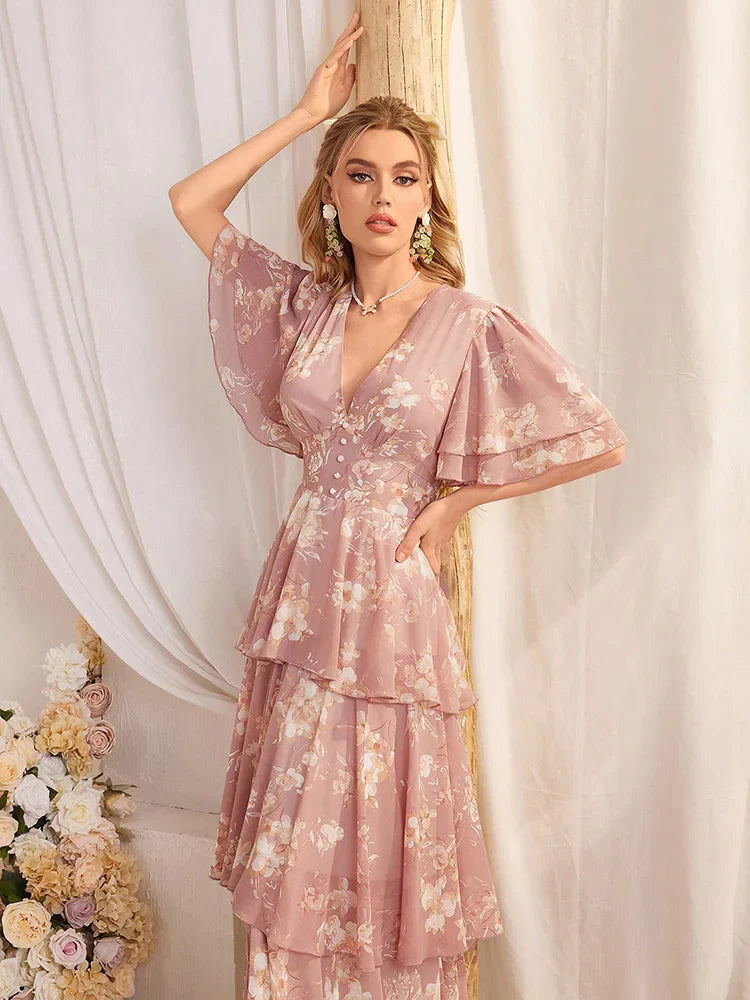 TOLEEN Casual Deep V-Neck Slim Floral Printed Tiered Ruffle Hem Long Dresses Fashion Elegant Women's Clothing