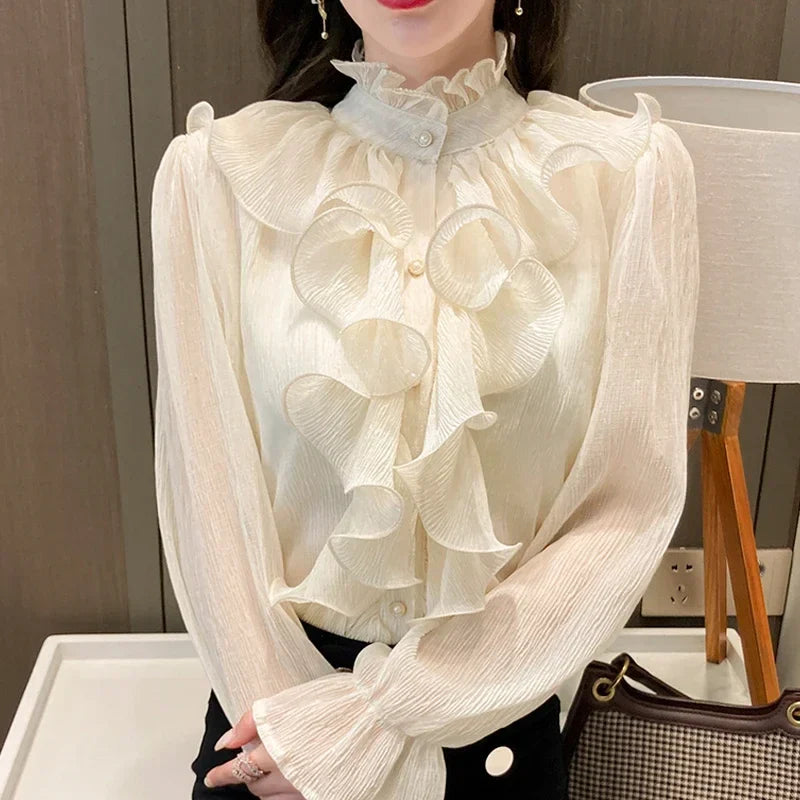 Vintage Lace Ruffle Chiffon Blouse | Women's Long Puff Sleeve Elegant Top
