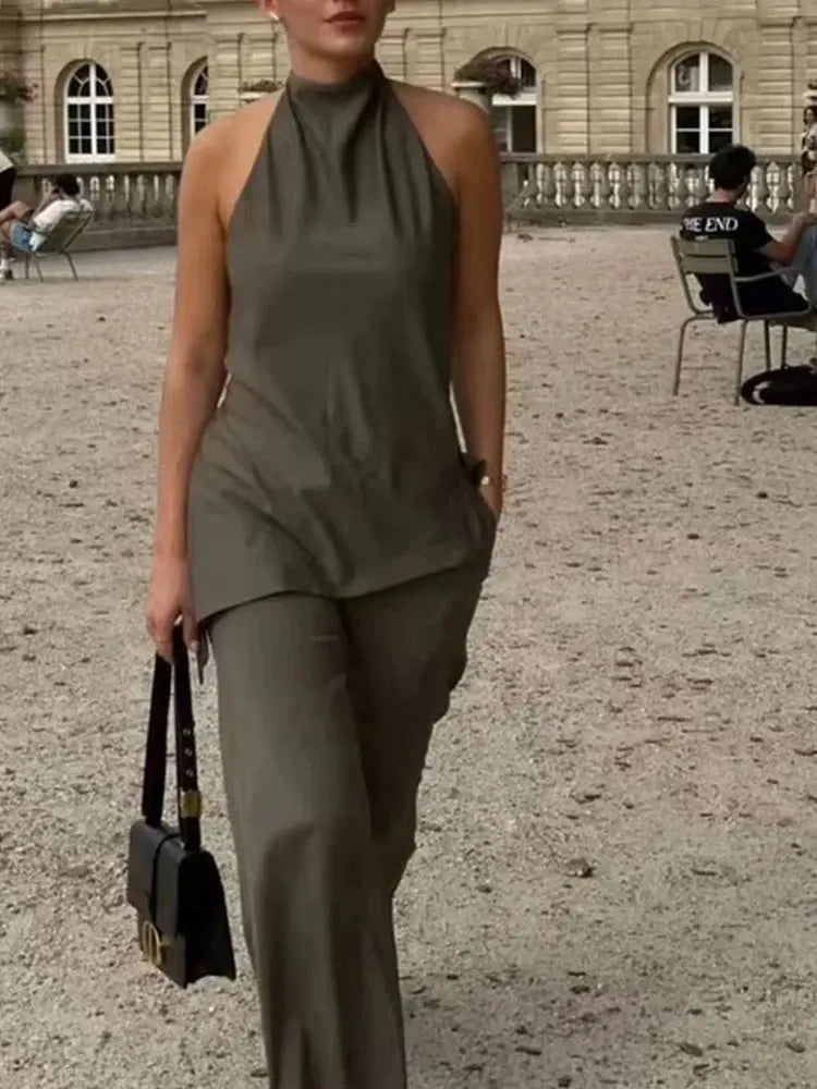 Backless Halter Top & Wide-Leg Pants Set