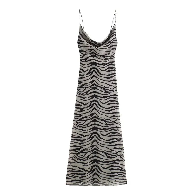 Leopard Print Tulle Slip Dress Women Backless Vintage Sexy Party Midi Holiday Dress