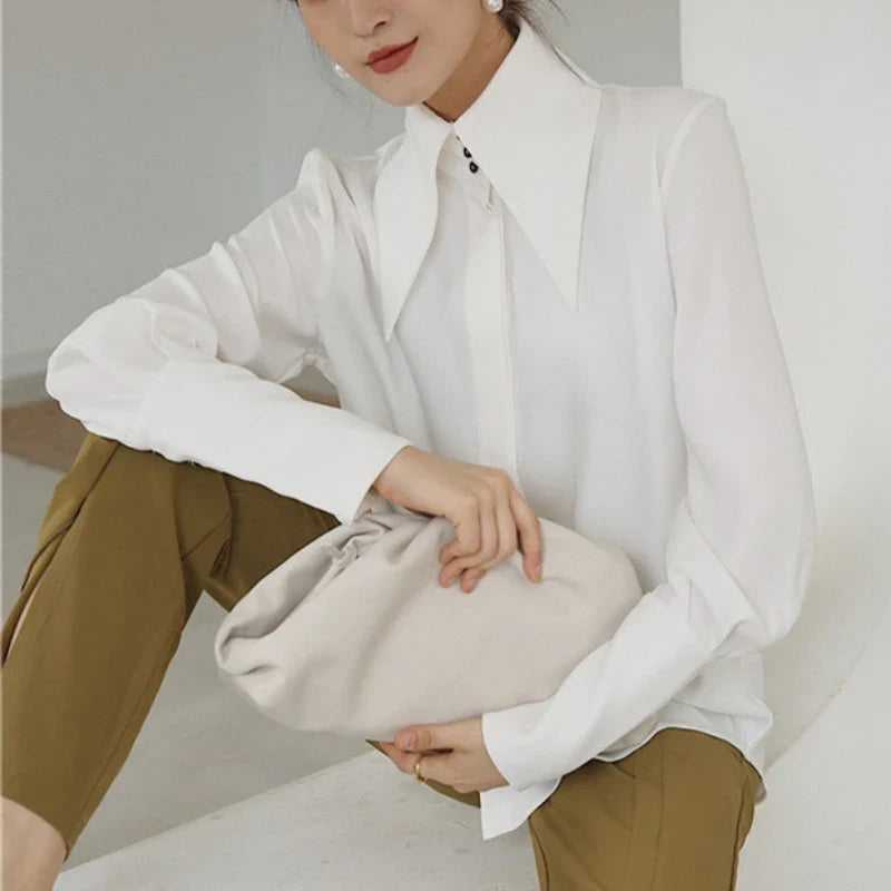 Women's Satin Button-Up Blouse - Long Sleeve Turn-Down Collar Shirt