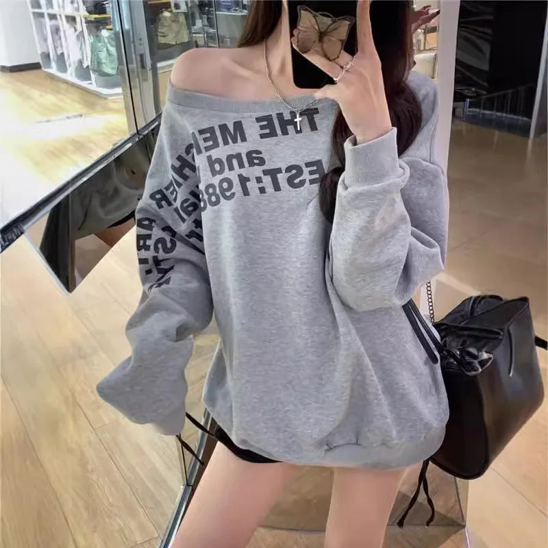 Women's Oversized Off-Shoulder Letter Print T-Shirt