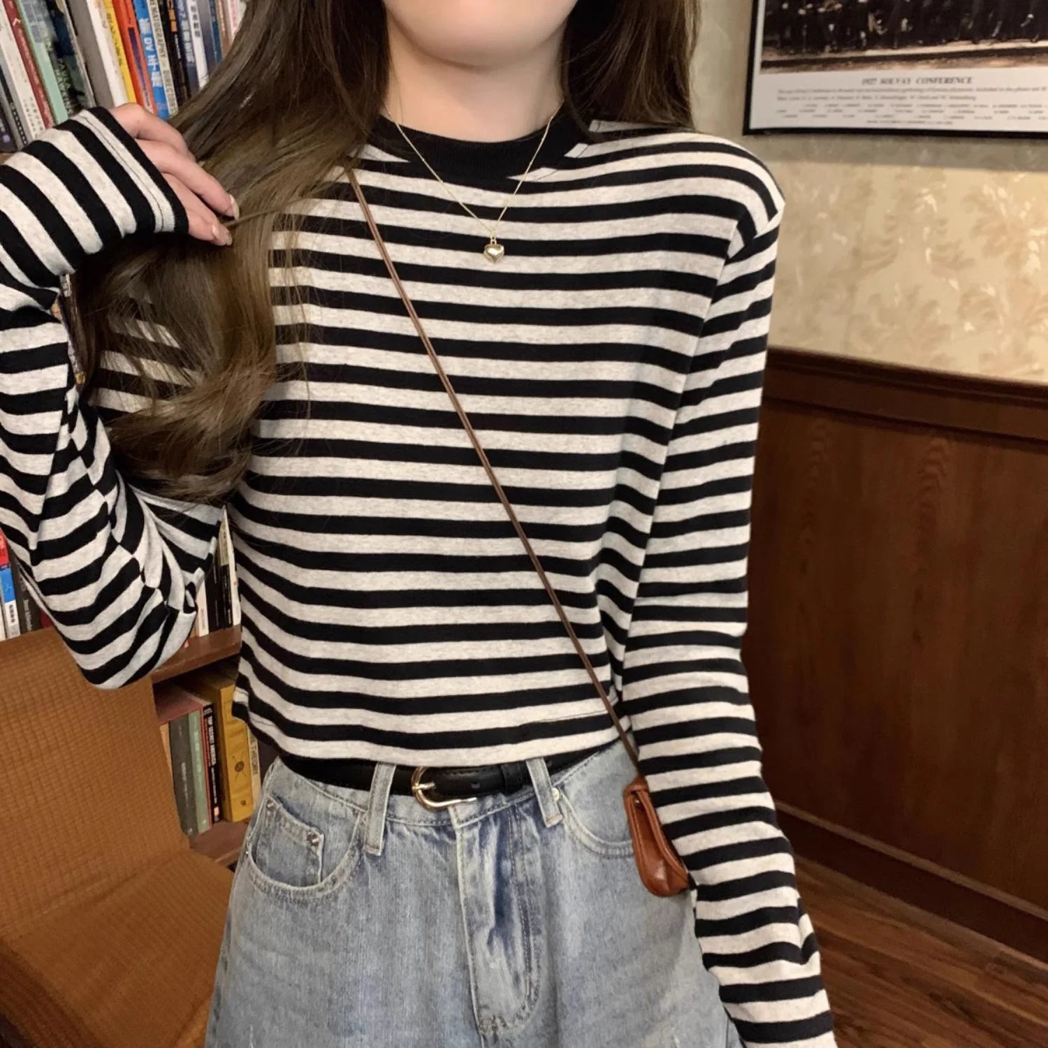 Vintage Long Sleeve Striped T Shirt Women Soft Chic Tees Color Blocking Casual Pullover Woman 2026 Spring Summer New Crop Tops