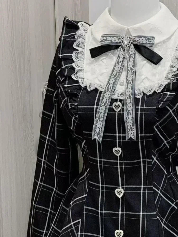Japanese Lace Plaid Dress Kawaii Grunge Ruffled Long Sleeve Y2K JK Lolita
