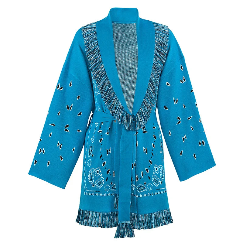 Women's Geometric Print Cardigan - Tassel Patchwork Knit Sweater