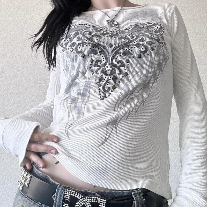 Goth Thermal T-shirt Skulls Graphic Print Long Sleeve Pullovers Tops Women 90s Vintage Aesthetic Tees