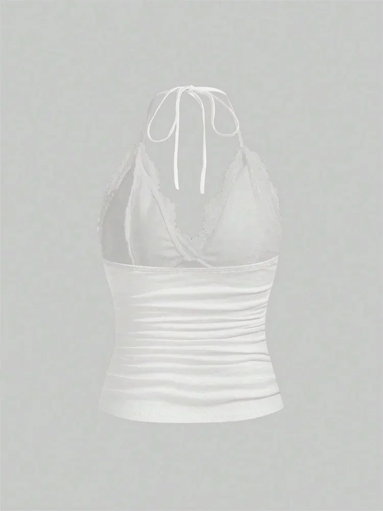 Women's Gothic Lace Patchwork Halter Top | Backless Ruched Tank | Y2K Streetwear