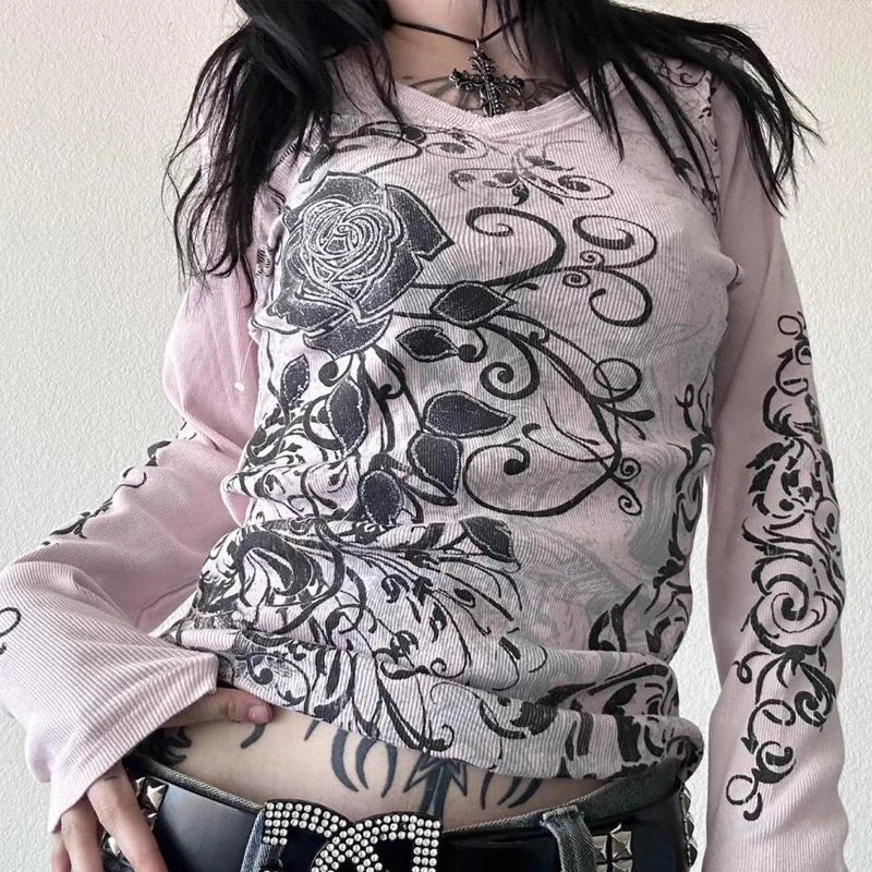 Goth Thermal T-shirt Skulls Graphic Print Long Sleeve Pullovers Tops Women 90s Vintage Aesthetic Tees
