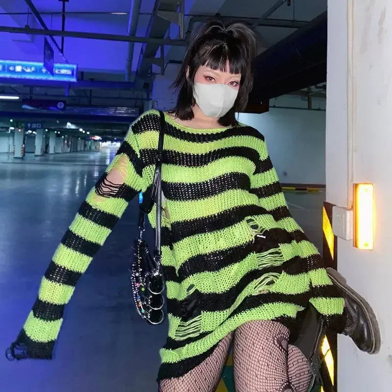Round Neck Striped Ripped Knit Sweater Long Sleeve Loose Fit Pullover