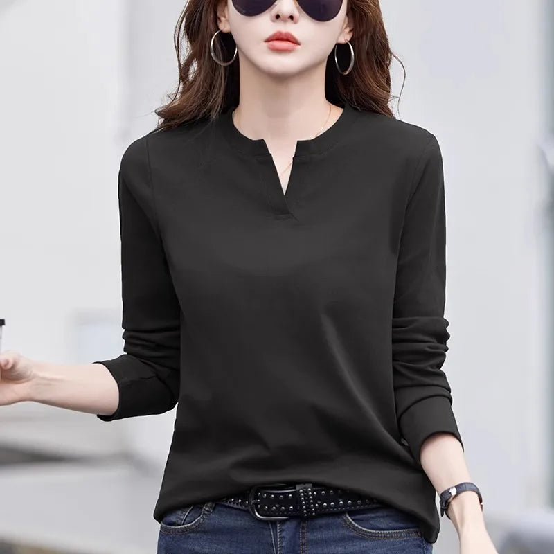 Women's V-Neck Cotton Long-Sleeve T-Shirt