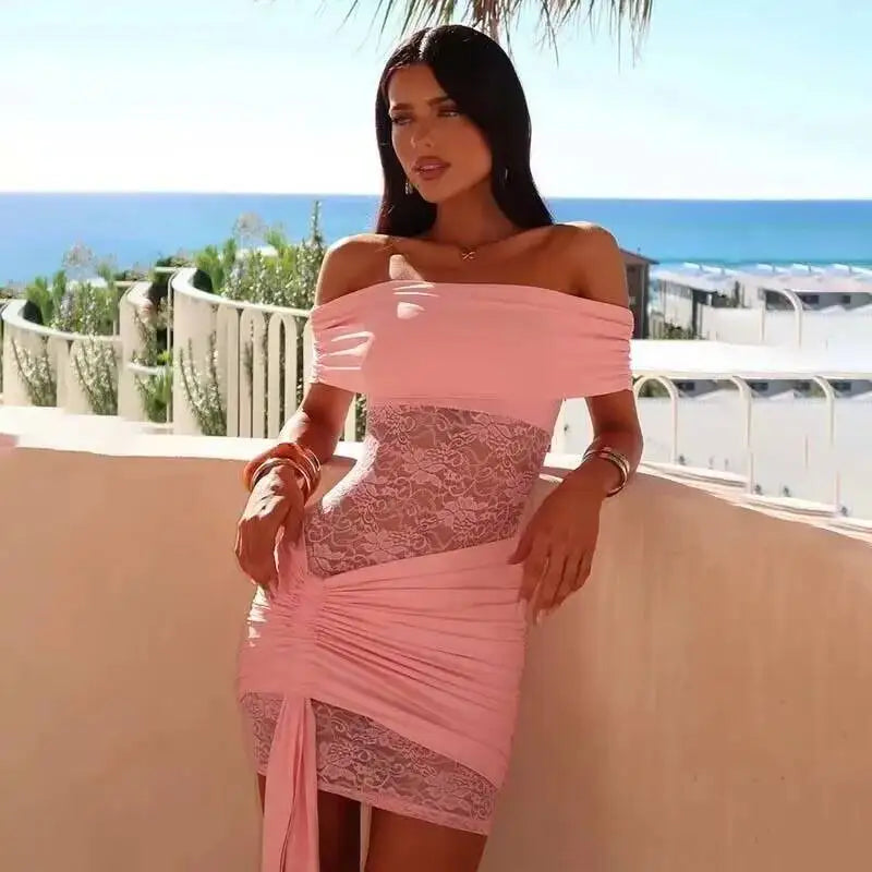 Townlike Pleated Slim Bodycon Dress Women Off Shoulder Mini  Dress Lace Patchwork Nightclub Sexy Party Dresses