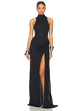 Blifanbo Turtleneck Off-shoulder Sleeveless Thigh Split High Waist Pleated Maxi Dress For Women Elegant Fashion Club Party Dress