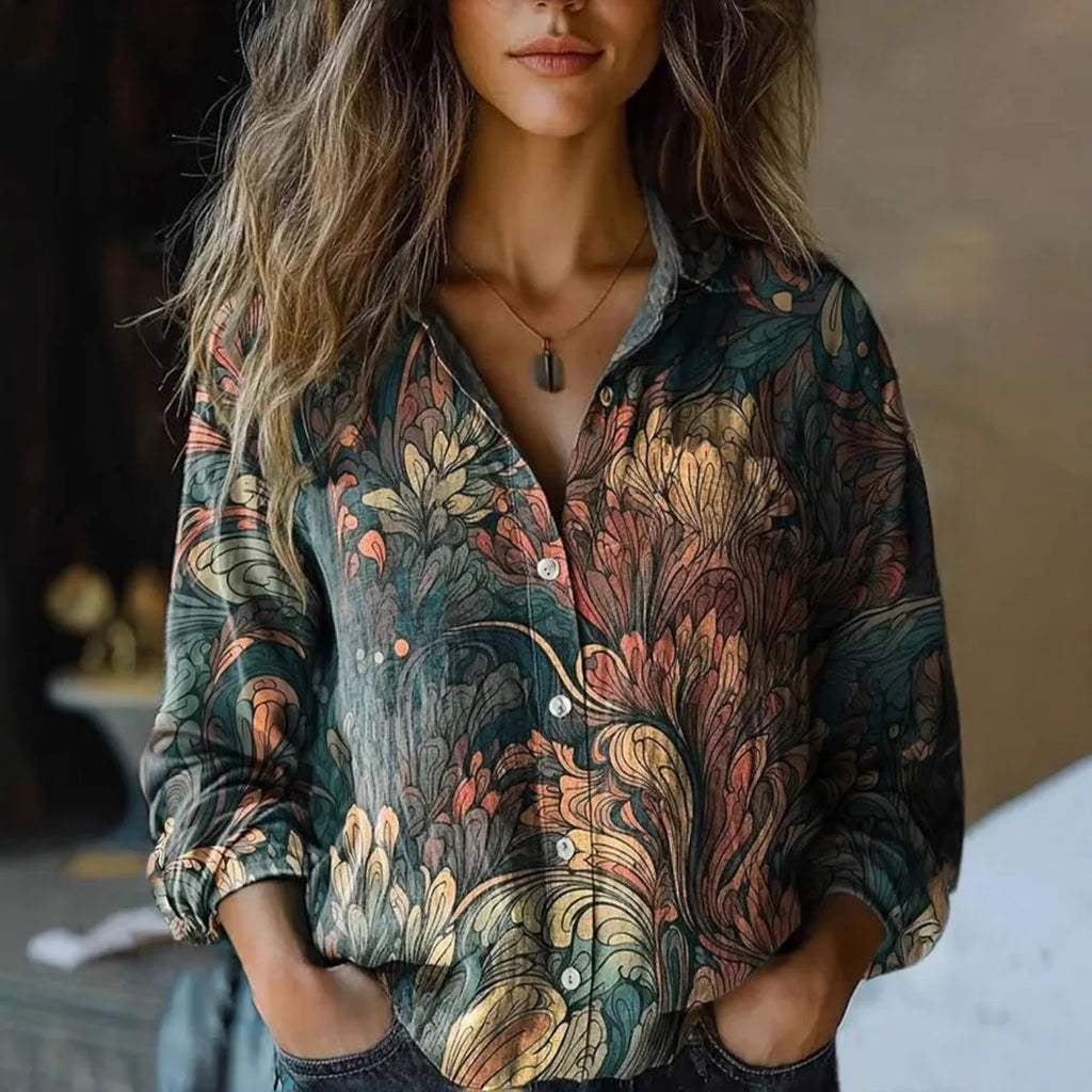 Women's Vintage Print Cotton Linen Shirt - Long Sleeve Casual Blouse