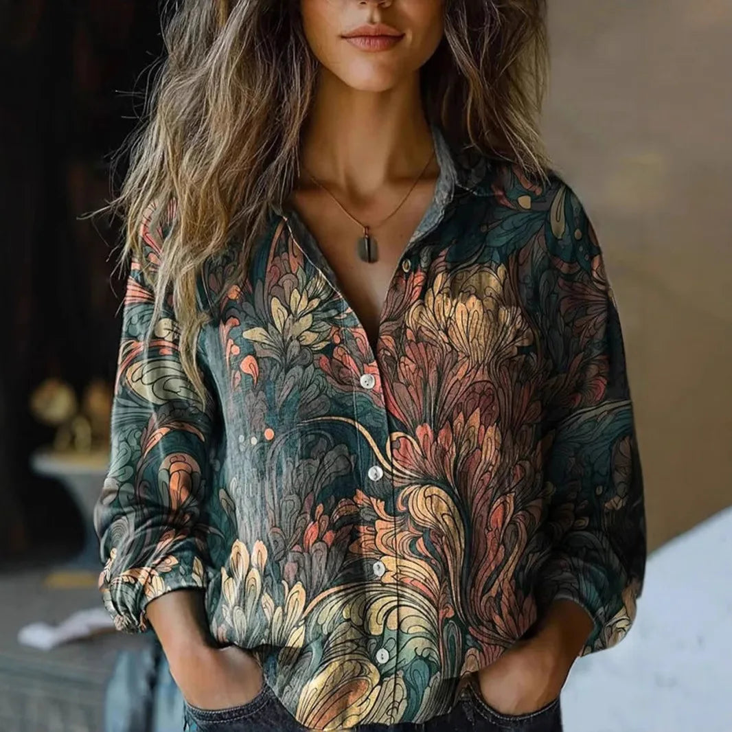 Women's Vintage Print Cotton Linen Shirt - Long Sleeve Casual Blouse