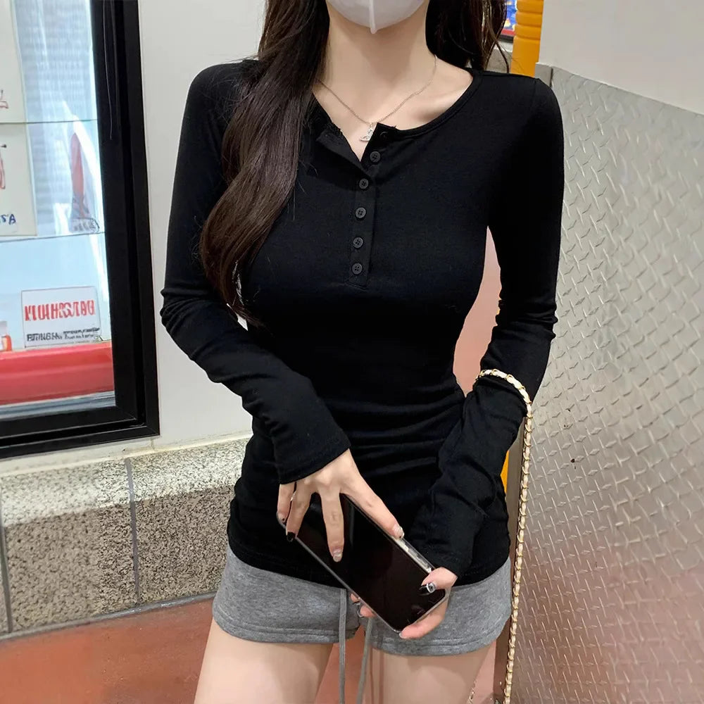 Women's O-Neck Long Sleeve T-Shirt Slim Fit Solid Color Casual Top
