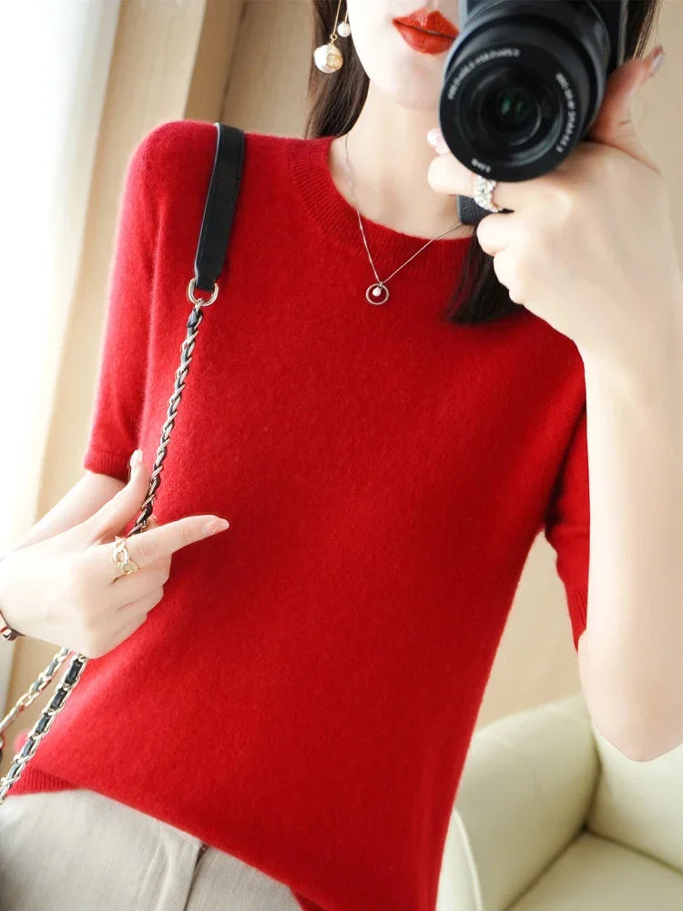 Round Neck Short Sleeve Knit Top Regular Fit Pullover