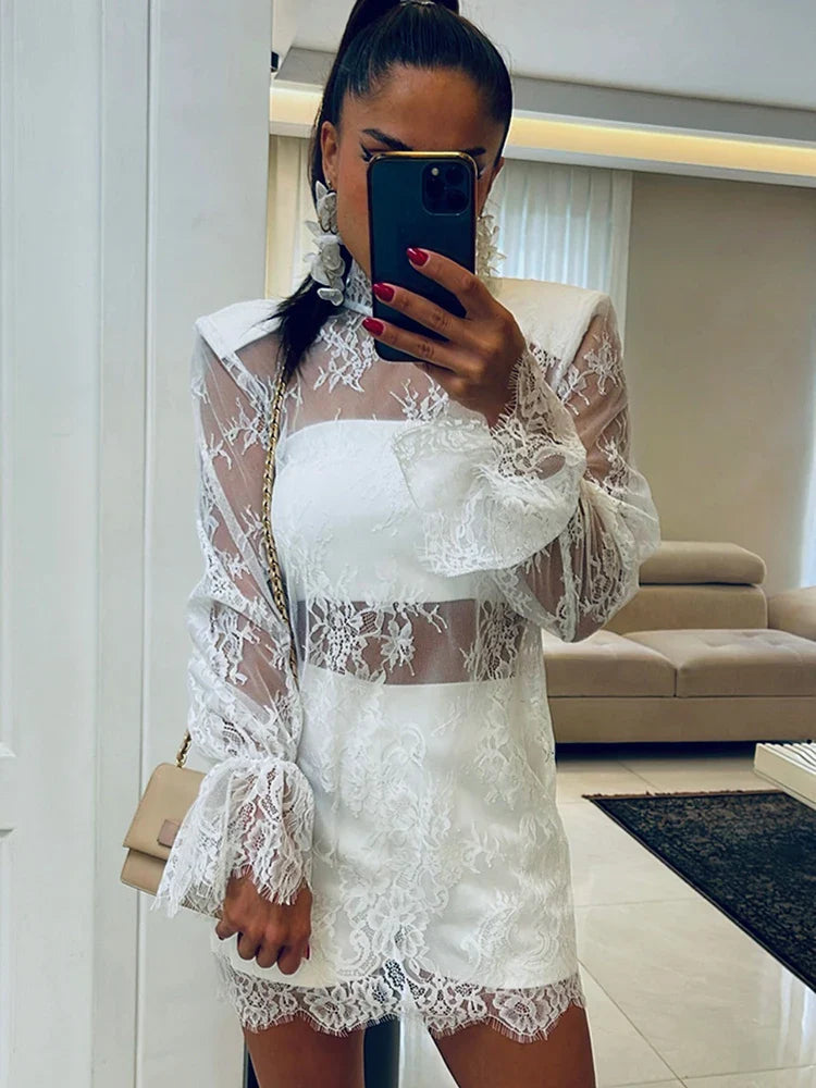 Turtleneck Lace Mini Dress Women Sexy Sheer Long Sleeve Loose Party Dress